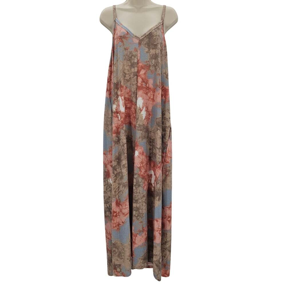 Zenana Womans size 2X Plus Size Sleeveless V-Neck Maxi Dress Tie Dye Blue/Brown